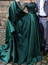 A Line Off the Shoulder Long Sleeves Dark Green Satin Appliques Prom Dress LBQ1927